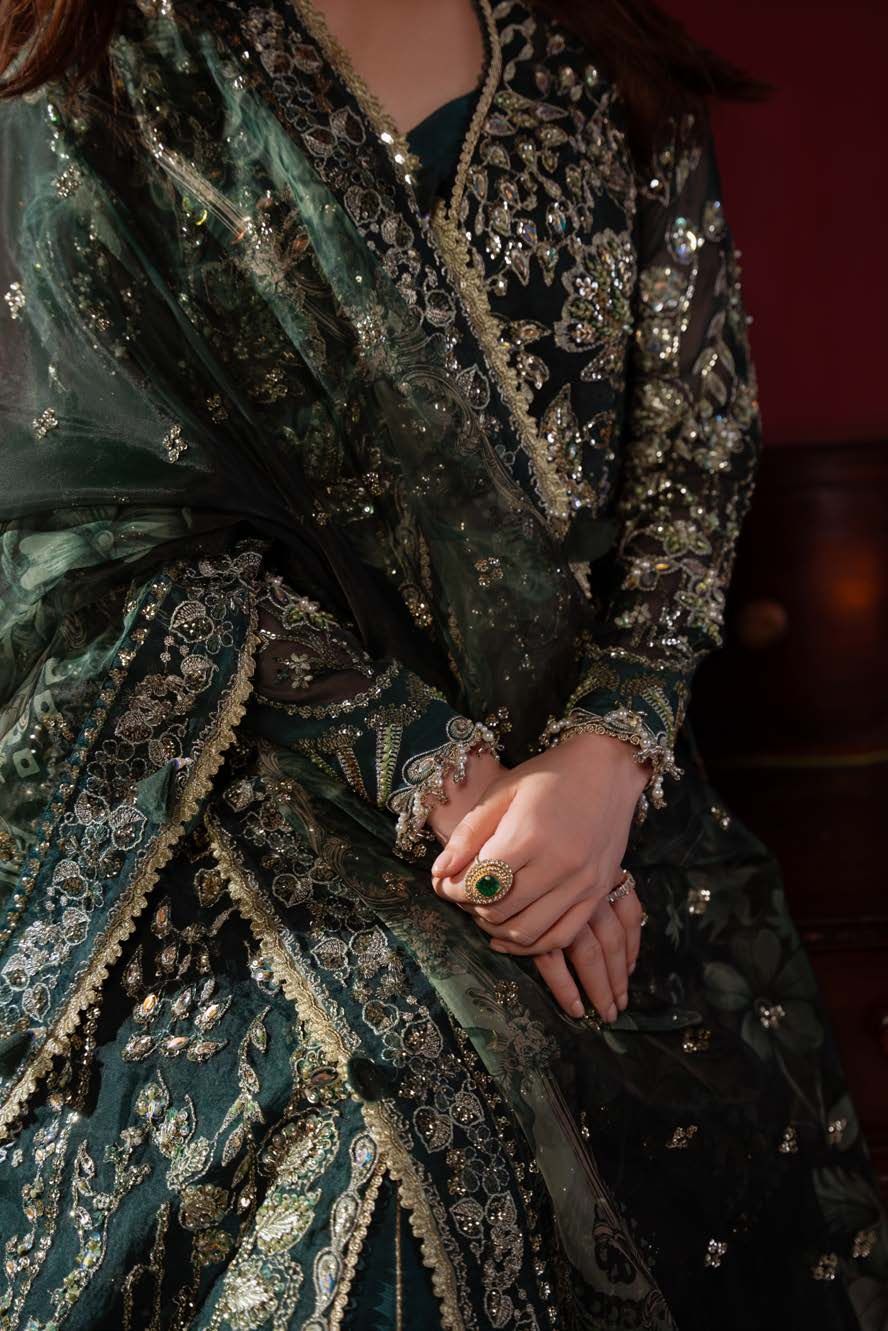 Close detail of Elysee's embellished sleeve and dupatta border